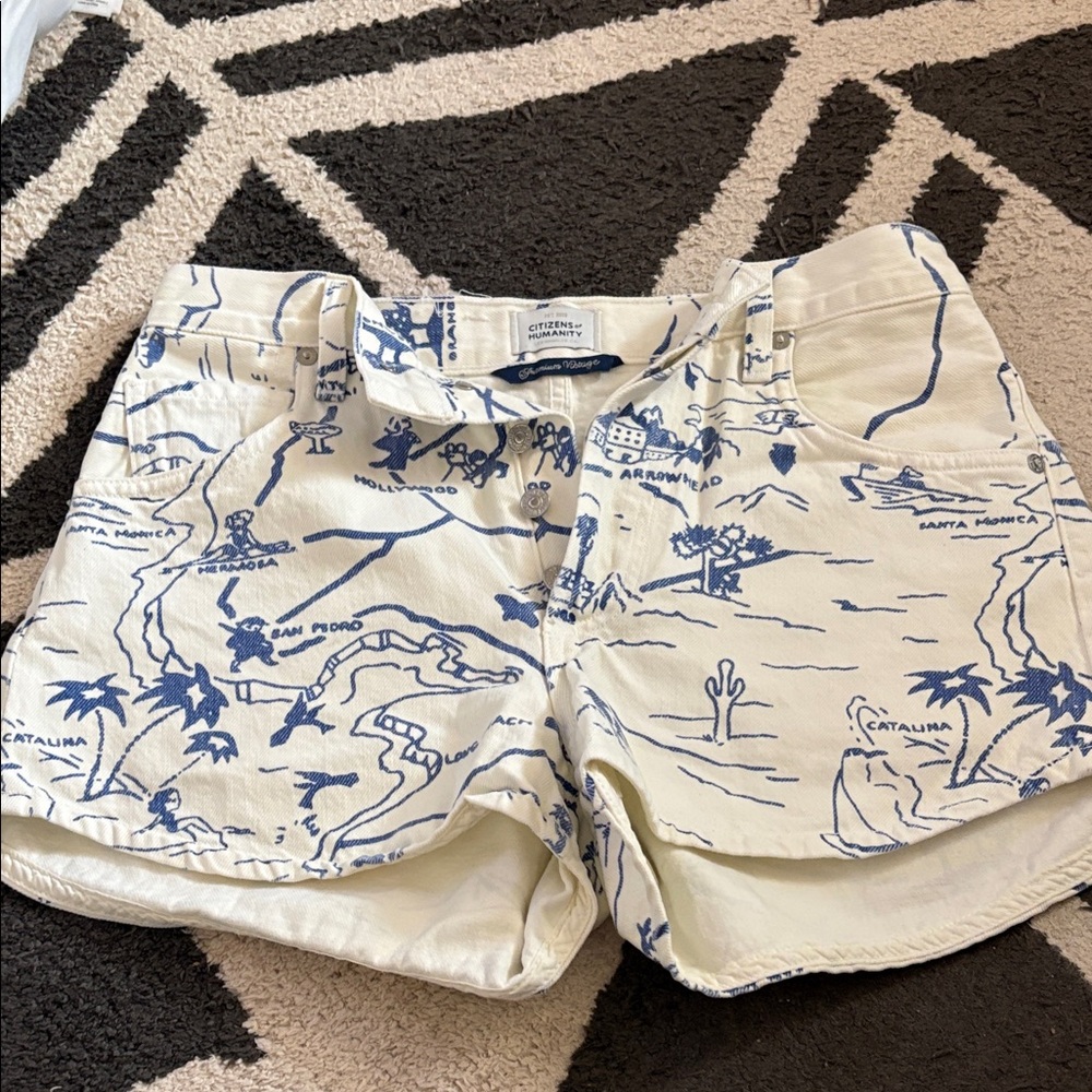 Citizens Of Humanity Cream and Blue Map Print Jean Shorts